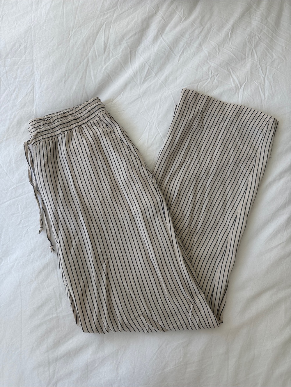 Zara Beige and Black Linen Wide-Leg Striped Drawstring Pants